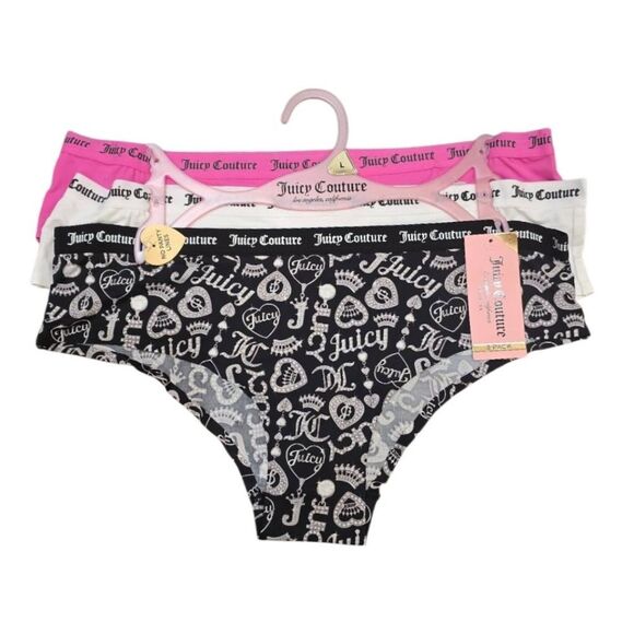 Juicy Couture Signature Logo Heart Crown Locket Key Hole Back 3-PK Hipsters - Picture 2 of 4